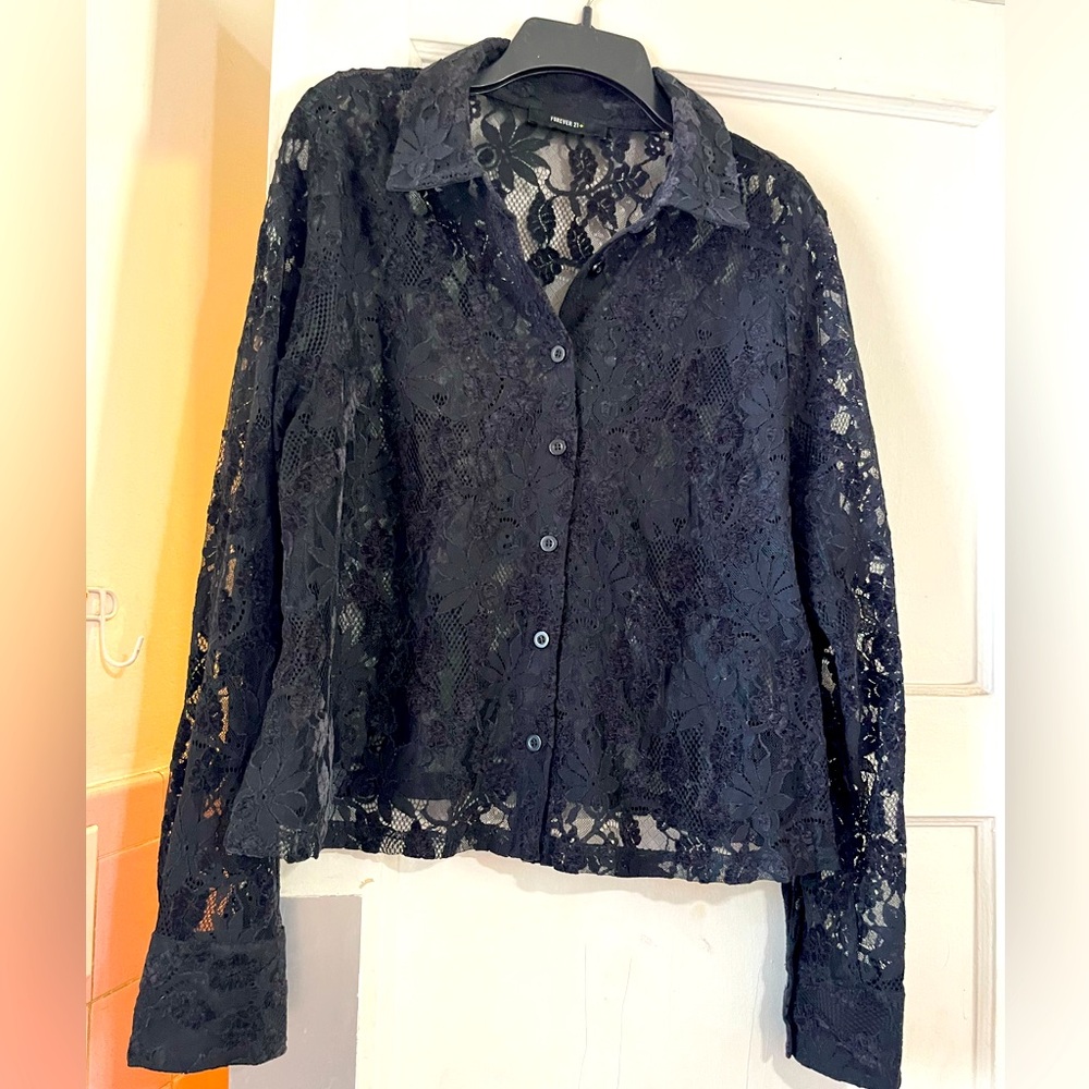 Forever 21 Elegant Black Lace Button-Up Top